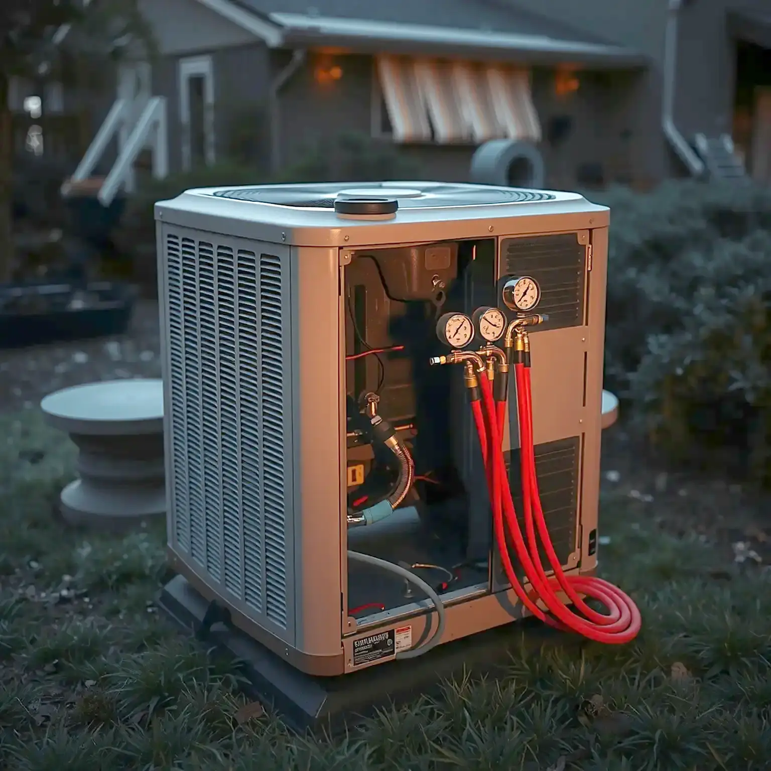 An AC condenser with its service panel open and manifold gauges connected