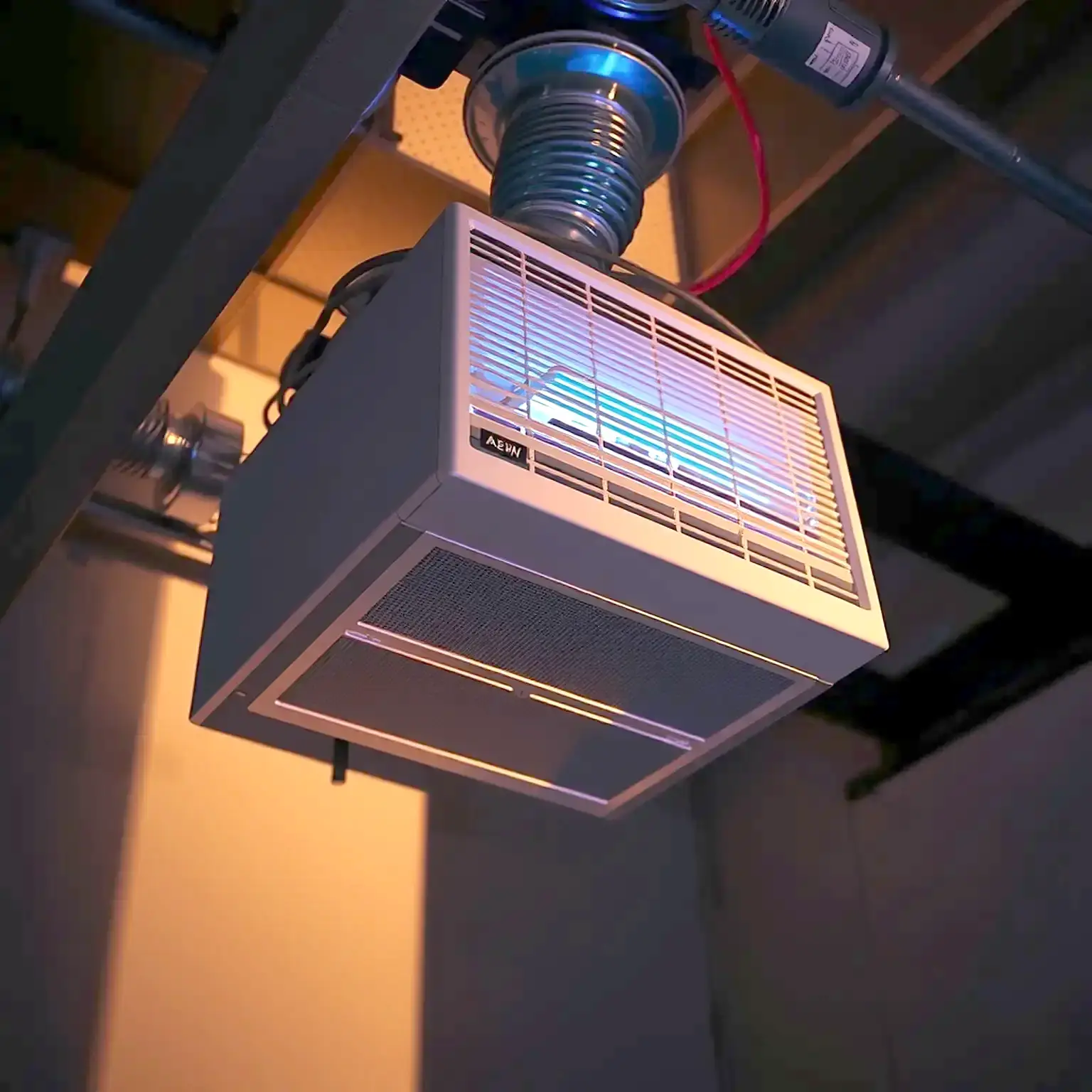 A whole-home air purifier mounted in ductwork with a UV lamp glowing