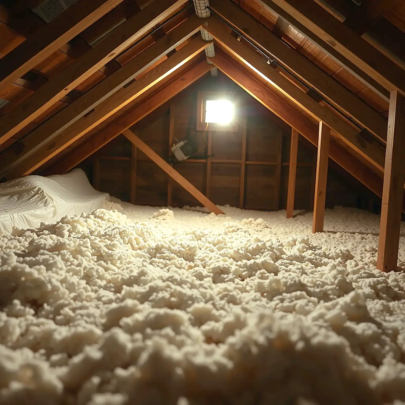 Fresh blown-in insulation between the joists of a residential attic