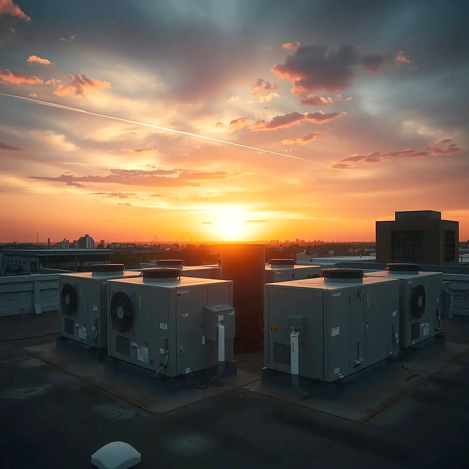 Rooftop HVAC package units on a commercial building at sunset