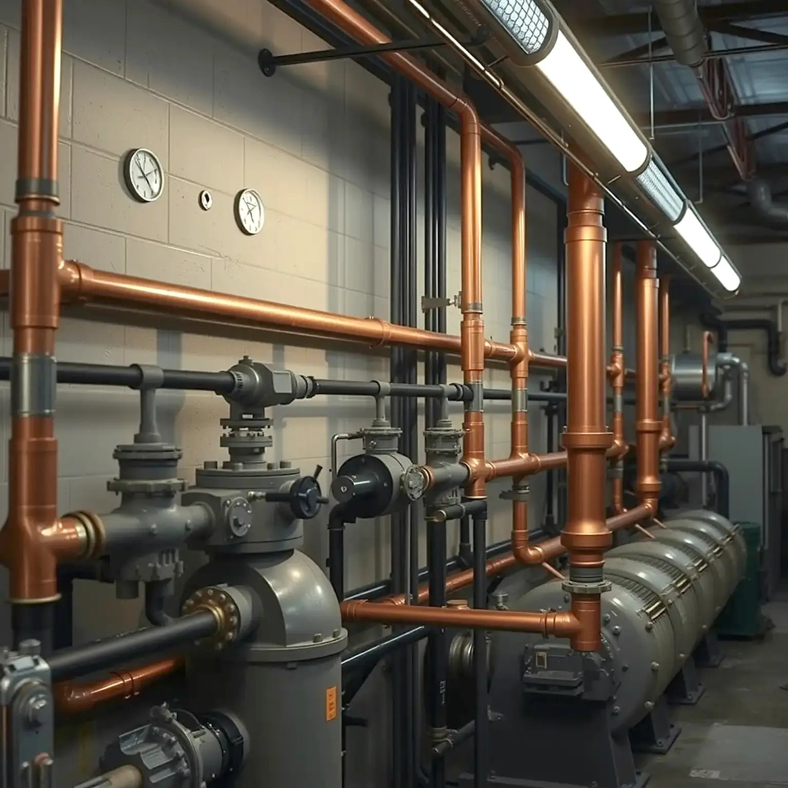 Large copper and steel piping in a commercial mechanical room