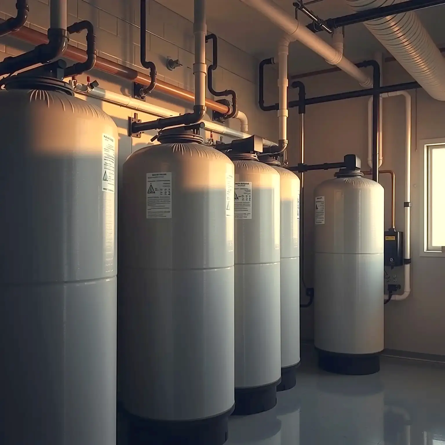 A row of commercial water softener tanks in a mechanical room