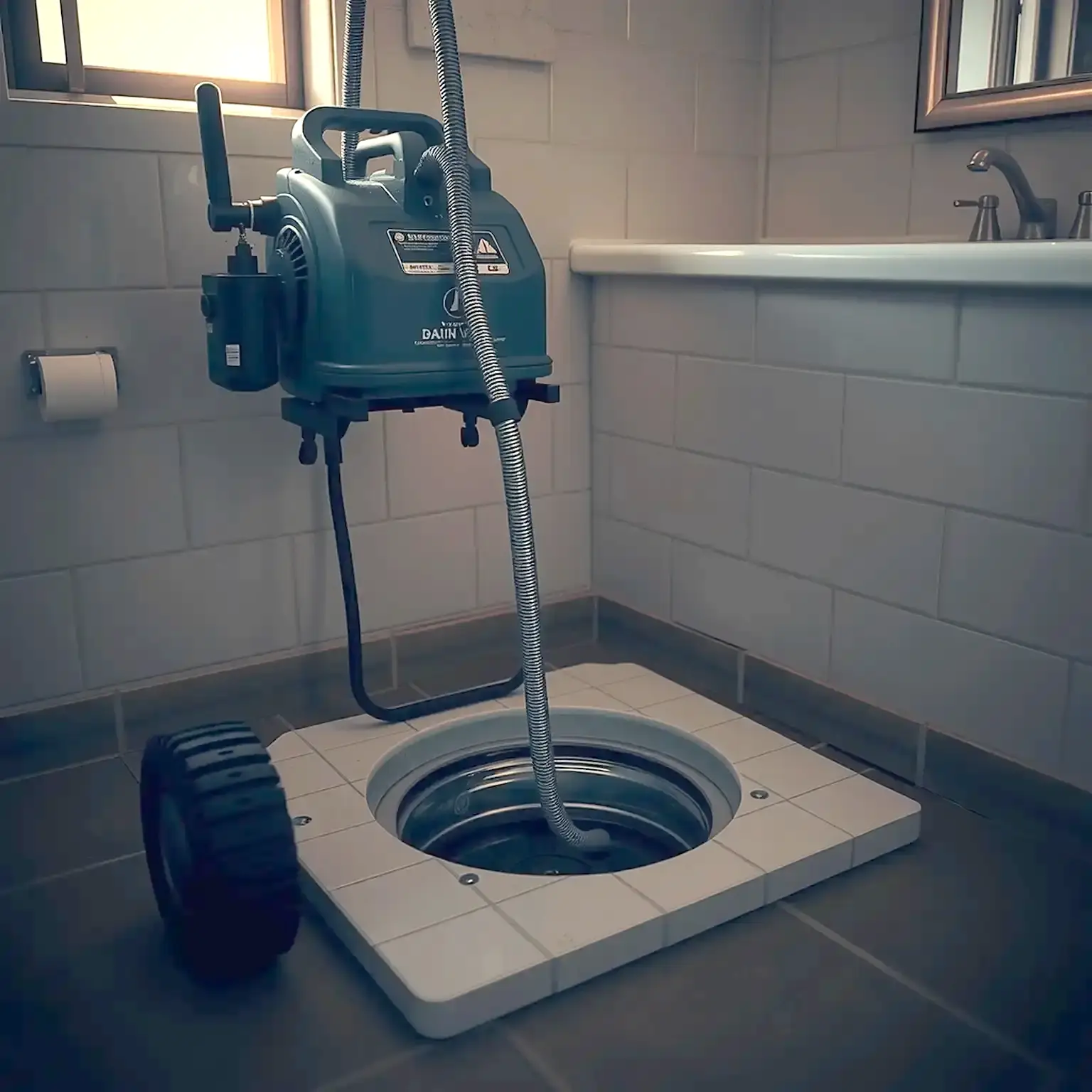 A drain machine feeding its cable into an open floor cleanout
