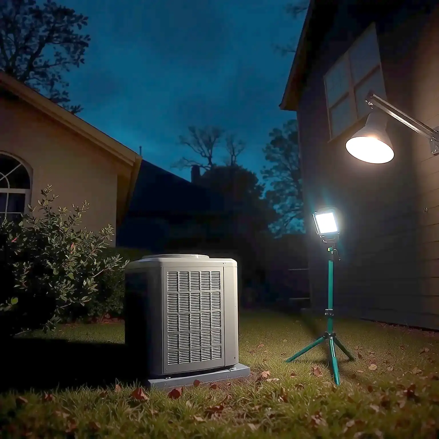 An AC condenser lit by a work light beside a dark house at night