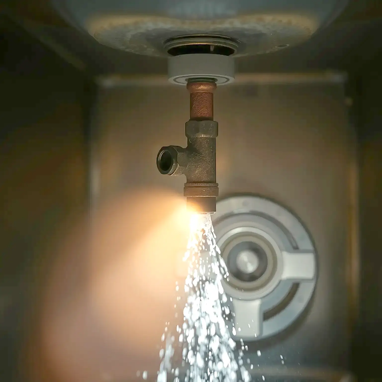 Water spraying from a burst pipe joint under a sink at night