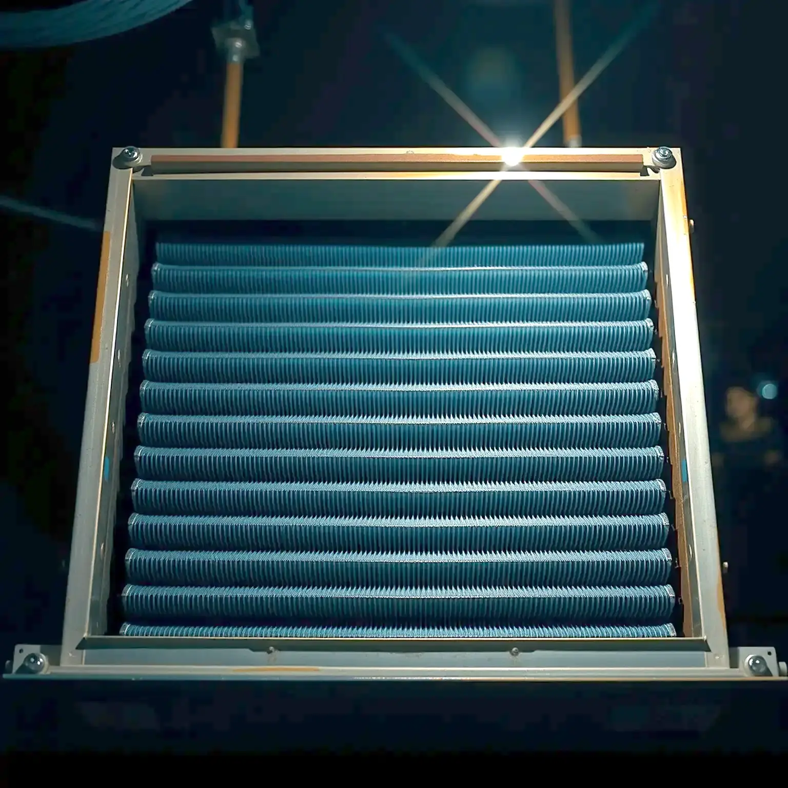 A clean A-frame evaporator coil inside an opened HVAC plenum