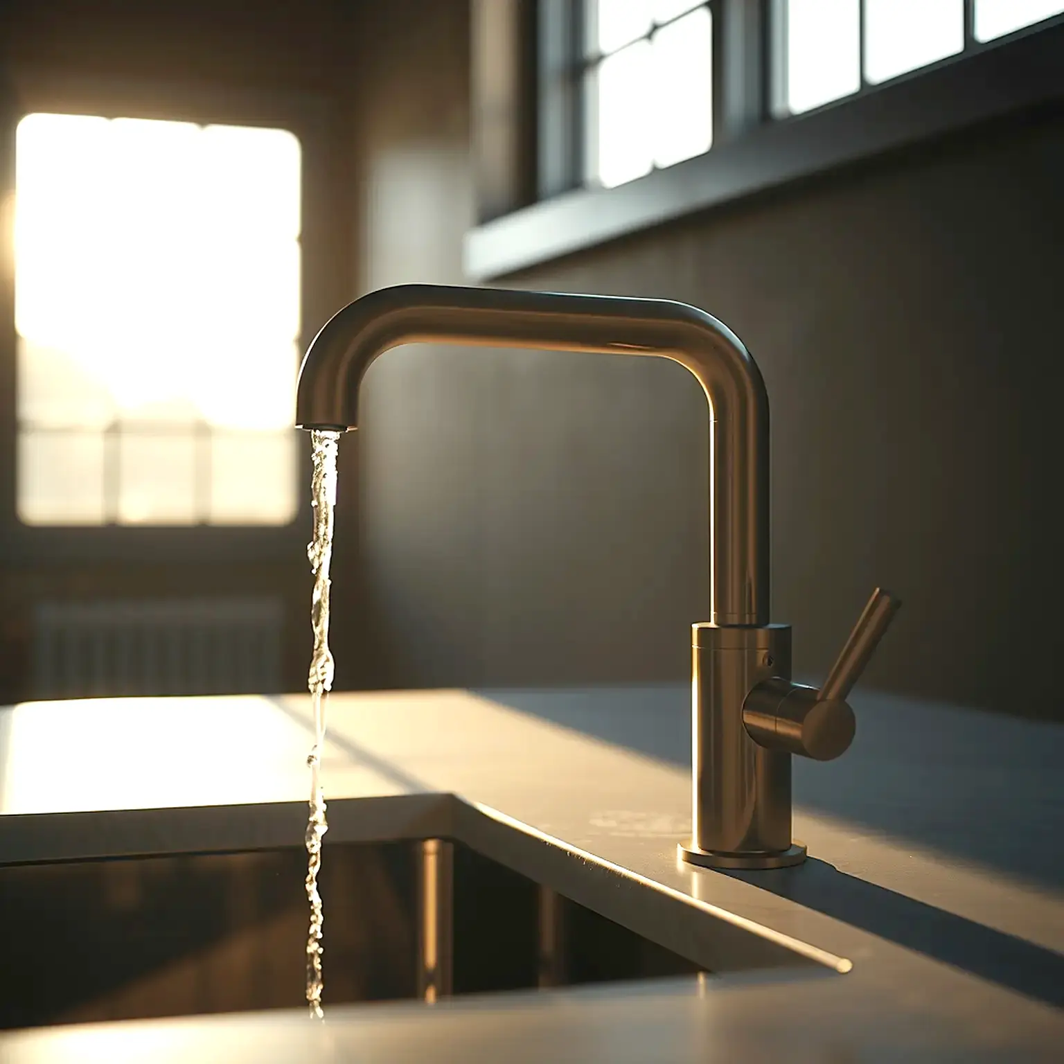 A modern kitchen faucet running in warm window light