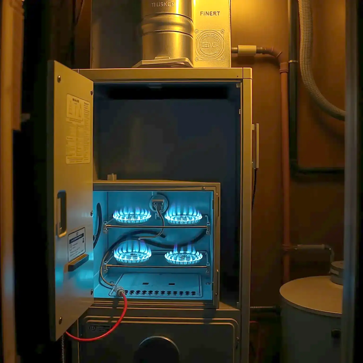 A gas furnace with its panel open showing blue burner flames