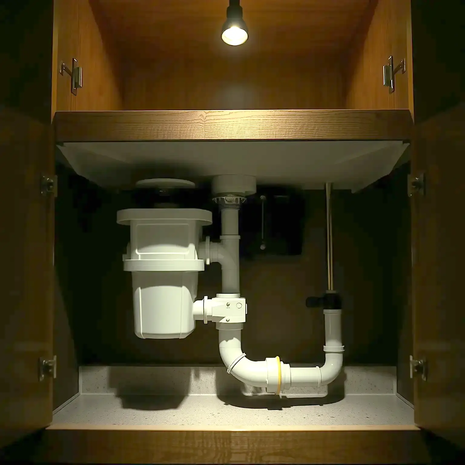 A garbage disposal and drain plumbing under a kitchen sink