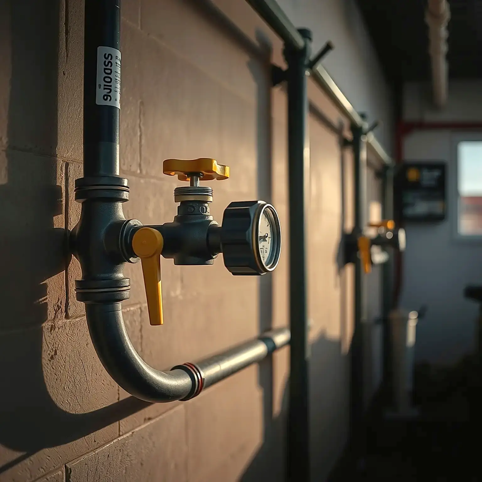 Black iron gas piping with a shutoff valve and pressure test gauge