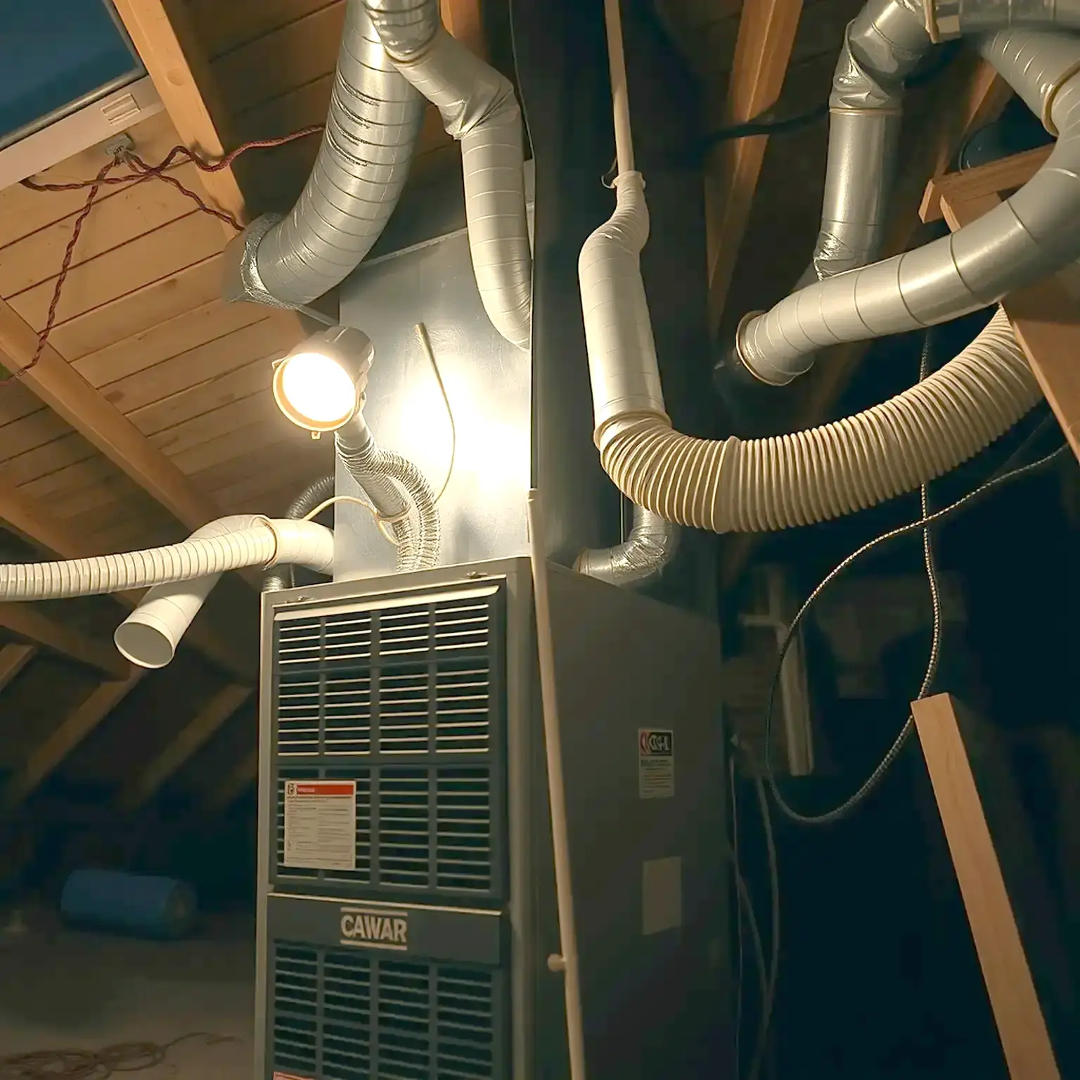 A furnace and air handler installed in a residential attic