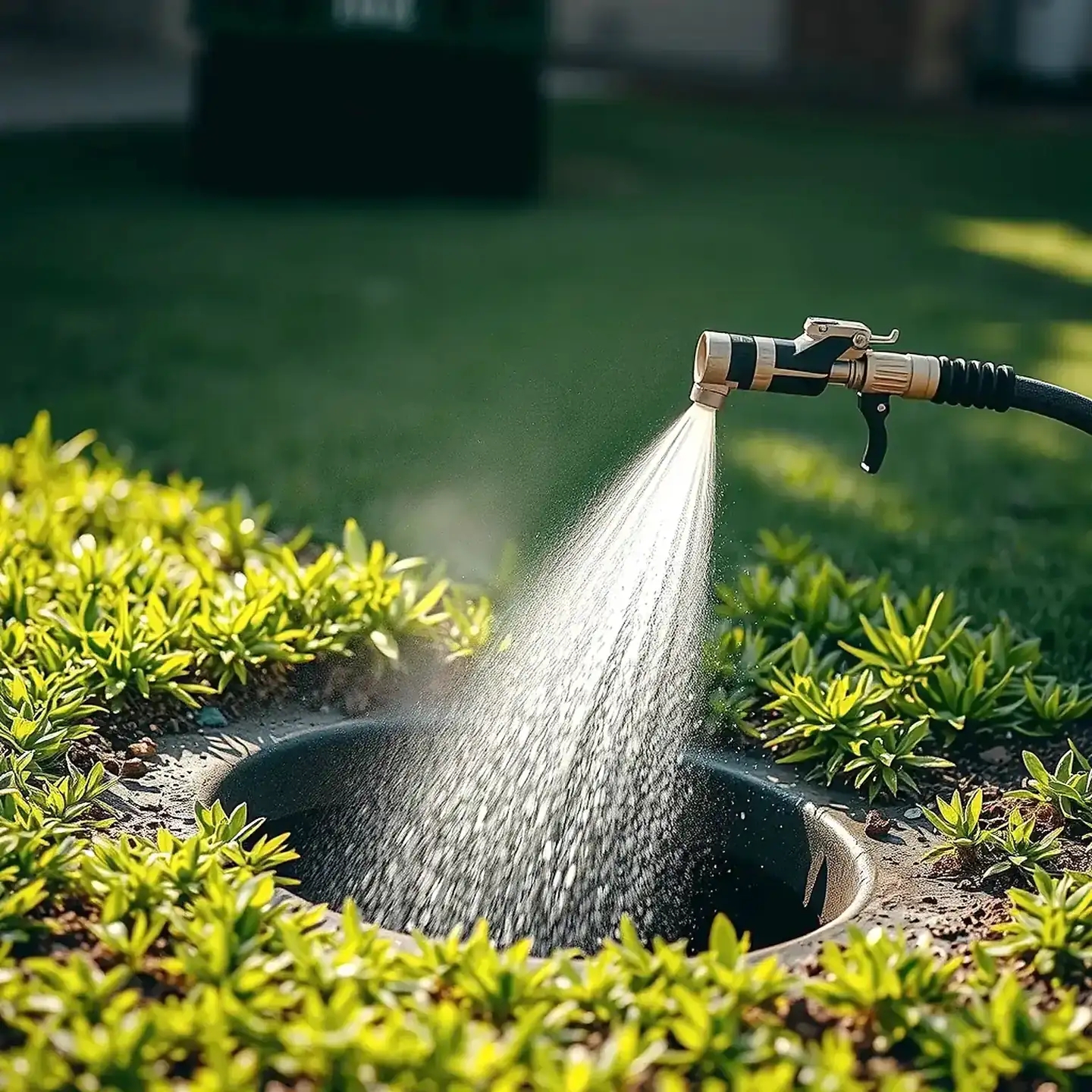 A high-pressure jetter nozzle spraying at an open drain cleanout