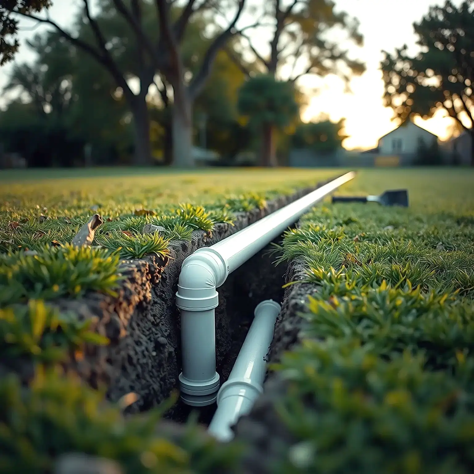 New PVC sewer pipe laid in an open trench in a Texas lawn