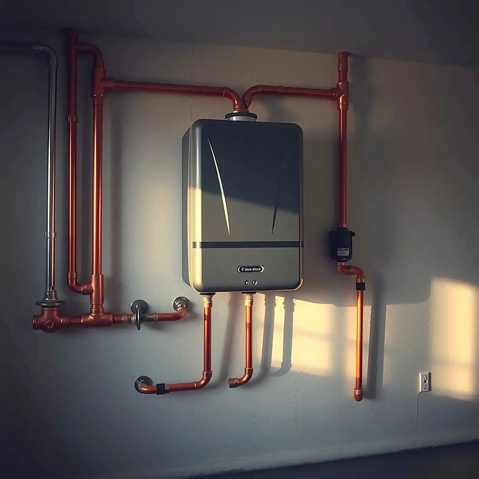A wall-mounted tankless water heater with neat copper and gas piping