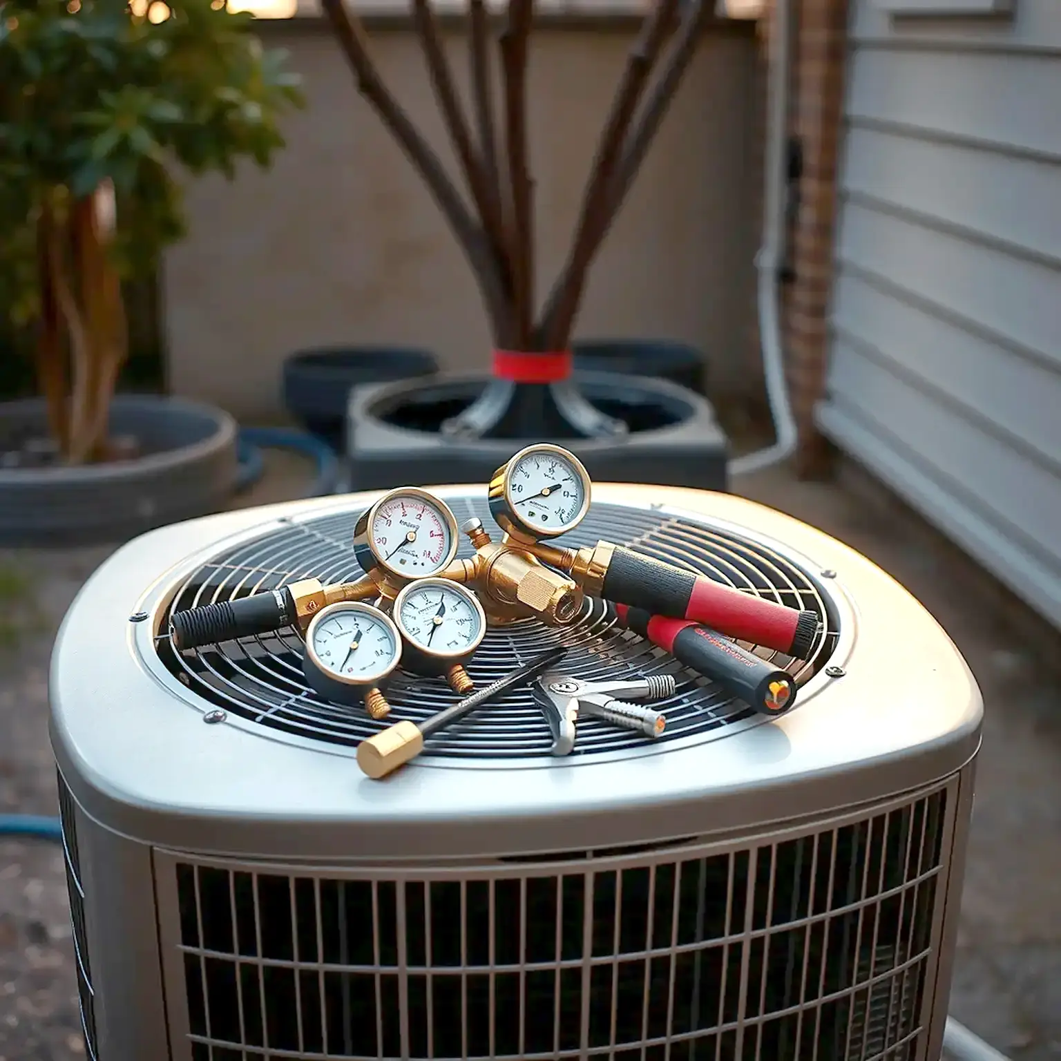 A manifold gauge set and tools laid out on top of a condenser