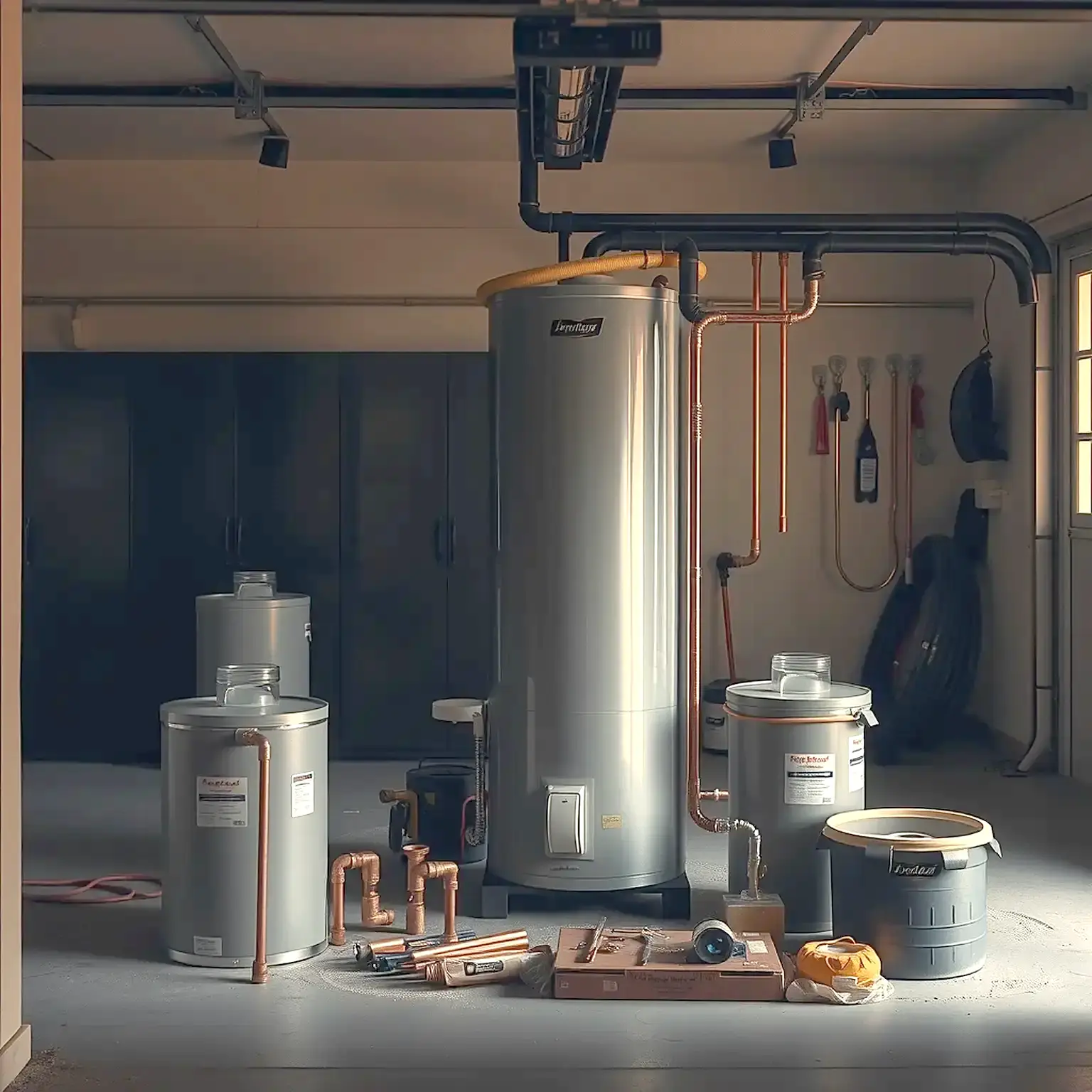 A new tank water heater staged in a garage with fittings and tools