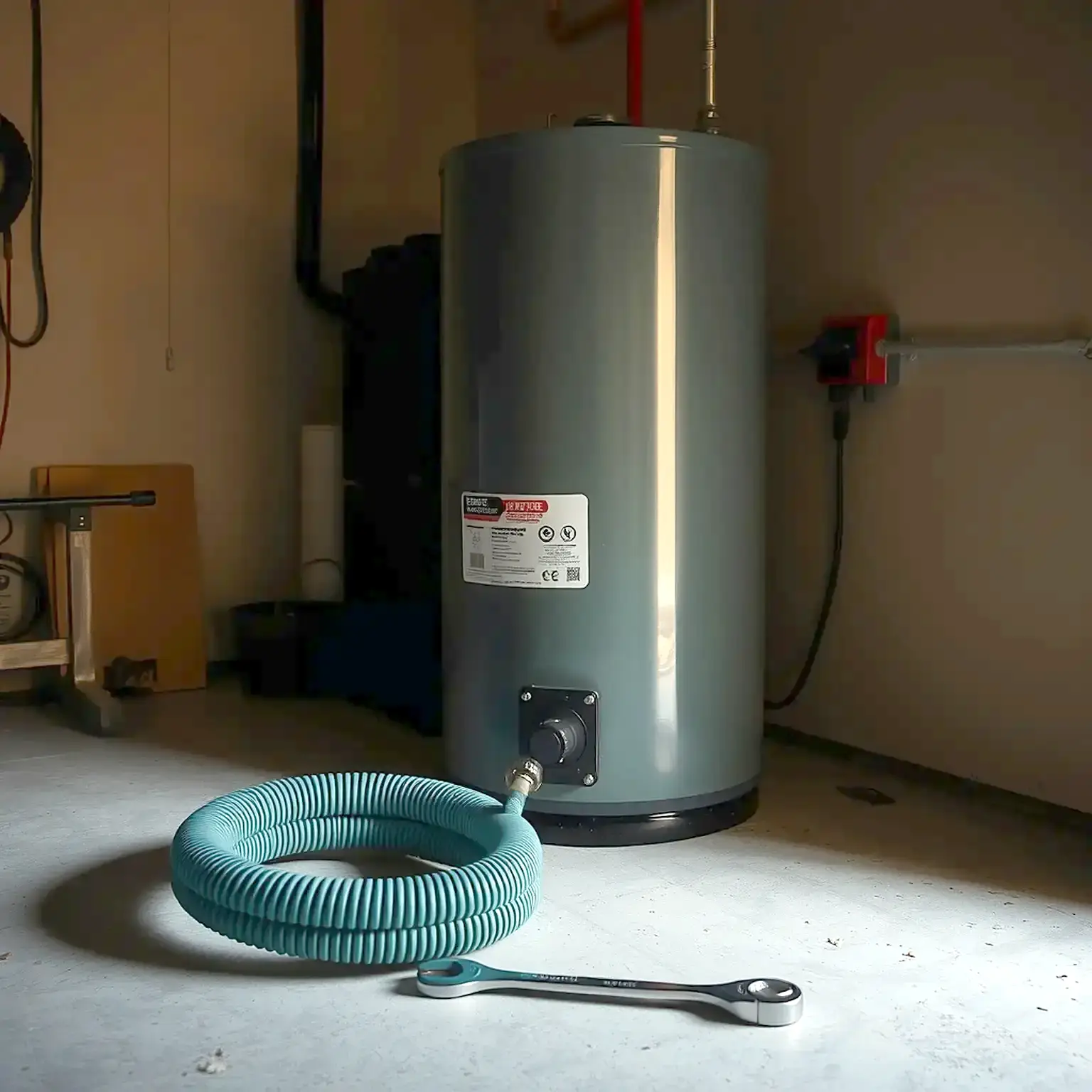 A tank water heater with a drain hose connected for a full flush