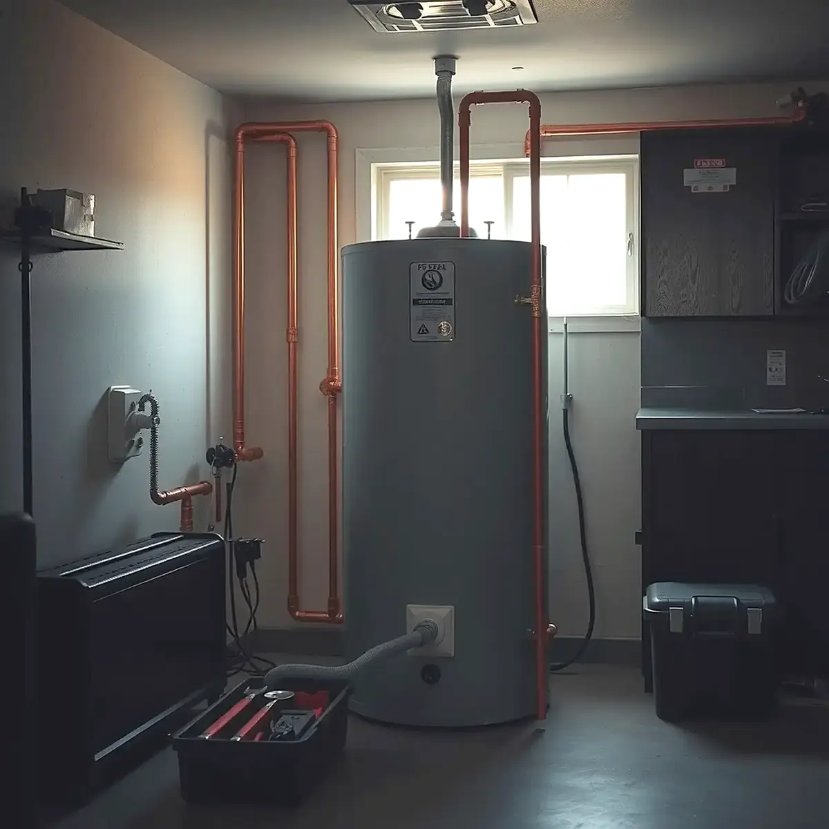 A residential gas tank water heater with copper piping in a Katy garage